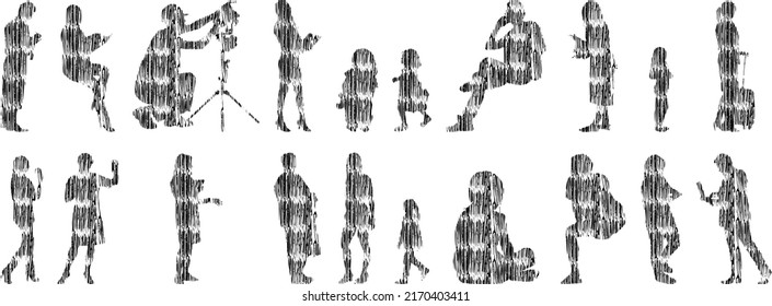 Vector silhouettes, Outline silhouettes of people, Contour drawing, people silhouette, Icon Set Isolated, Silhouette of sitting people, Architectural set	
