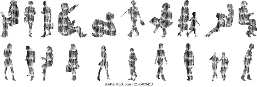 Vektor-Silhouetten, Silhouetten-Linien, Konturzeichnungen, Silhouette-Leute, Symbolsatz isoliert, Silhouette sitzender Menschen, Architekturset	
