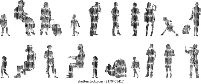 Siluetas vectoriales, Siluetas de contorno de personas, Dibujo de contorno, silueta de personas, Conjunto de iconos aislados, Silueta de personas sentadas, Conjunto arquitectónico	
