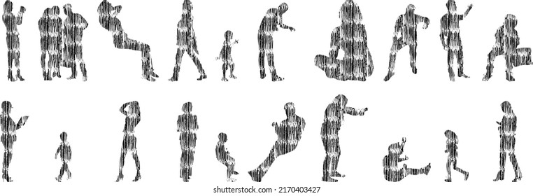 Vector silhouettes, Outline silhouettes of people, Contour drawing, people silhouette, Icon Set Isolated, Silhouette of sitting people, Architectural set	
