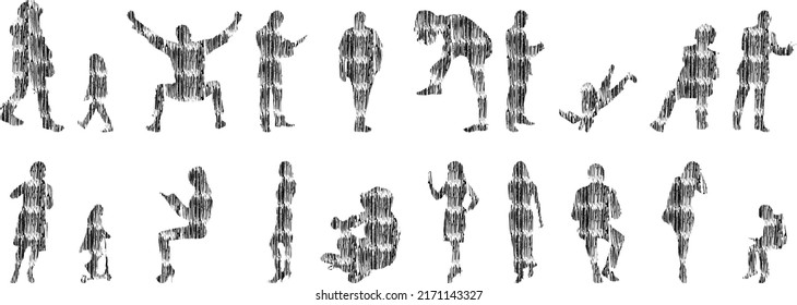 Vector silhouettes, Outline silhouettes of people, Contour drawing, people silhouette, Icon Set Isolated, Silhouette of sitting people, Architectural set	
