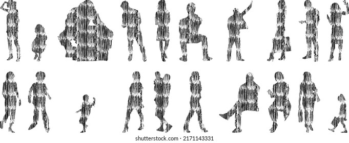 Vector silhouettes, Outline silhouettes of people, Contour drawing, people silhouette, Icon Set Isolated, Silhouette of sitting people, Architectural set	
