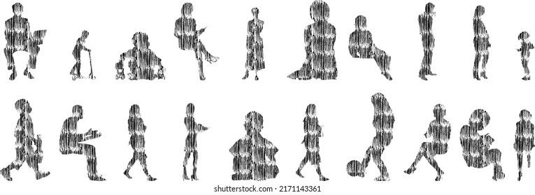 Vector silhouettes, Outline silhouettes of people, Contour drawing, people silhouette, Icon Set Isolated, Silhouette of sitting people, Architectural set	
