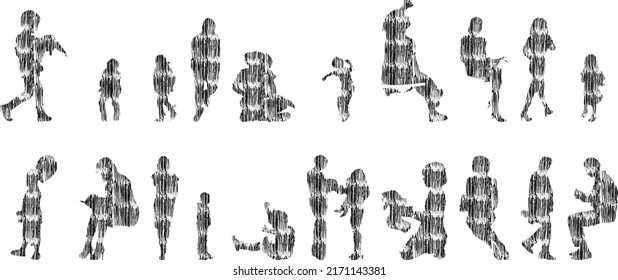 Vector silhouettes, Outline silhouettes of people, Contour drawing, people silhouette, Icon Set Isolated, Silhouette of sitting people, Architectural set	
