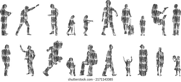 Vector silhouettes, Outline silhouettes of people, Contour drawing, people silhouette, Icon Set Isolated, Silhouette of sitting people, Architectural set	
