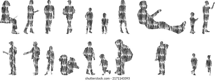 Vector silhouettes, Outline silhouettes of people, Contour drawing, people silhouette, Icon Set Isolated, Silhouette of sitting people, Architectural set	
