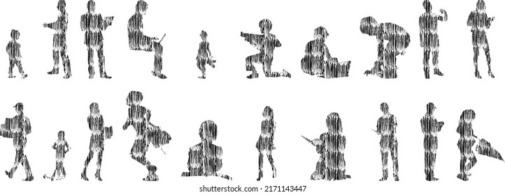 Vector silhouettes, Outline silhouettes of people, Contour drawing, people silhouette, Icon Set Isolated, Silhouette of sitting people, Architectural set	

