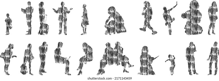 Vector silhouettes, Outline silhouettes of people, Contour drawing, people silhouette, Icon Set Isolated, Silhouette of sitting people, Architectural set	
