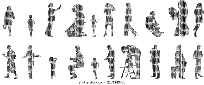 Vector silhouettes, Outline silhouettes of people, Contour drawing, people silhouette, Icon Set Isolated, Silhouette of sitting people, Architectural set	
