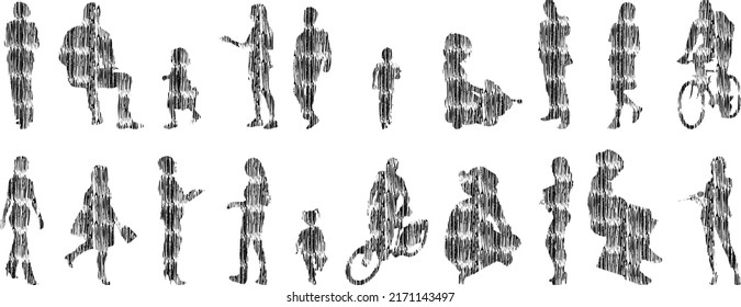 Vector silhouettes, Outline silhouettes of people, Contour drawing, people silhouette, Icon Set Isolated, Silhouette of sitting people, Architectural set	
