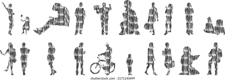 Vector silhouettes, Outline silhouettes of people, Contour drawing, people silhouette, Icon Set Isolated, Silhouette of sitting people, Architectural set	

