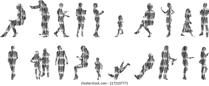 Vector silhouettes, Outline silhouettes of people, Contour drawing, people silhouette, Icon Set Isolated, Silhouette of sitting people, Architectural set	
