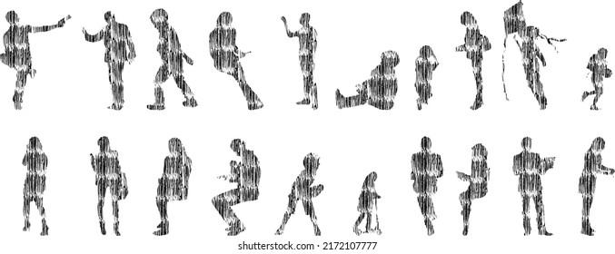 Vector silhouettes, Outline silhouettes of people, Contour drawing, people silhouette, Icon Set Isolated, Silhouette of sitting people, Architectural set	
