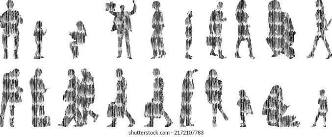 Vektor-Silhouetten, Silhouetten-Linien, Konturzeichnungen, Silhouette-Leute, Symbolsatz isoliert, Silhouette sitzender Menschen, Architekturset	

