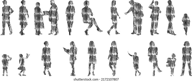 Vector silhouettes, Outline silhouettes of people, Contour drawing, people silhouette, Icon Set Isolated, Silhouette of sitting people, Architectural set	
