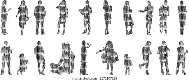 Vector silhouettes, Outline silhouettes of people, Contour drawing, people silhouette, Icon Set Isolated, Silhouette of sitting people, Architectural set	
