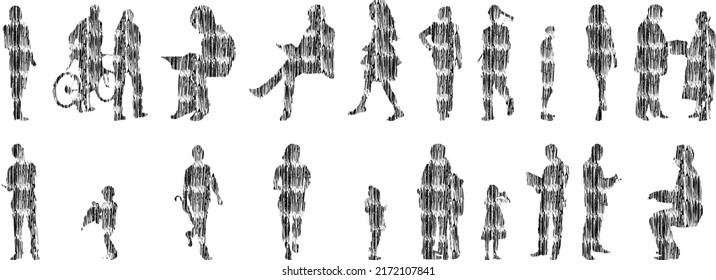 Vector silhouettes, Outline silhouettes of people, Contour drawing, people silhouette, Icon Set Isolated, Silhouette of sitting people, Architectural set	
