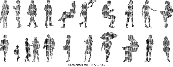 Vector silhouettes, Outline silhouettes of people, Contour drawing, people silhouette, Icon Set Isolated, Silhouette of sitting people, Architectural set	
