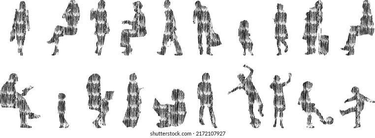 Siluetas vectoriales, Siluetas de contorno de personas, Dibujo de contorno, silueta de personas, Conjunto de iconos aislados, Silueta de personas sentadas, Conjunto arquitectónico	
