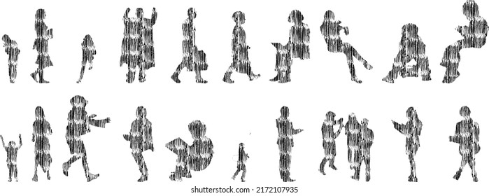 Vector silhouettes, Outline silhouettes of people, Contour drawing, people silhouette, Icon Set Isolated, Silhouette of sitting people, Architectural set	
