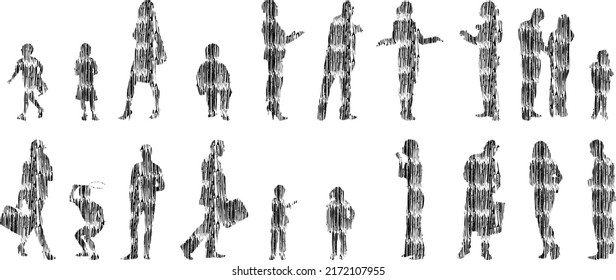 Vector silhouettes, Outline silhouettes of people, Contour drawing, people silhouette, Icon Set Isolated, Silhouette of sitting people, Architectural set	
