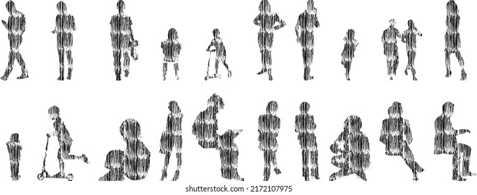 Vector silhouettes, Outline silhouettes of people, Contour drawing, people silhouette, Icon Set Isolated, Silhouette of sitting people, Architectural set	
