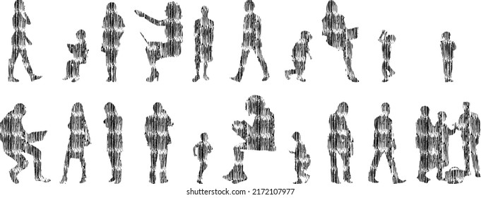 Vector silhouettes, Outline silhouettes of people, Contour drawing, people silhouette, Icon Set Isolated, Silhouette of sitting people, Architectural set	
