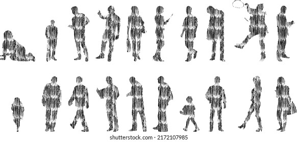 Vector silhouettes, Outline silhouettes of people, Contour drawing, people silhouette, Icon Set Isolated, Silhouette of sitting people, Architectural set	
