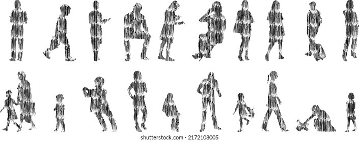 Vector silhouettes, Outline silhouettes of people, Contour drawing, people silhouette, Icon Set Isolated, Silhouette of sitting people, Architectural set	
