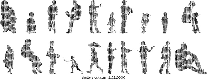 Vector silhouettes, Outline silhouettes of people, Contour drawing, people silhouette, Icon Set Isolated, Silhouette of sitting people, Architectural set	
