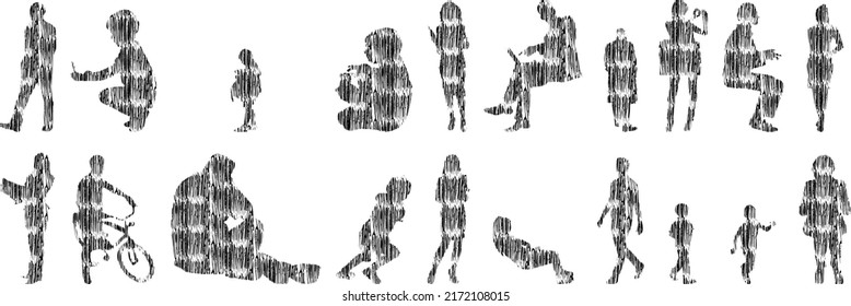 Siluetas vectoriales, Siluetas de contorno de personas, Dibujo de contorno, silueta de personas, Conjunto de iconos aislados, Silueta de personas sentadas, Conjunto arquitectónico	

