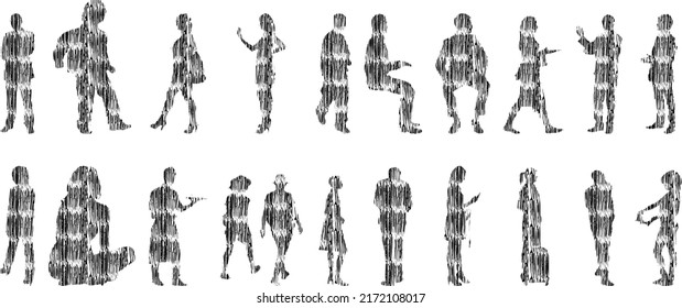 Vector silhouettes, Outline silhouettes of people, Contour drawing, people silhouette, Icon Set Isolated, Silhouette of sitting people, Architectural set	
