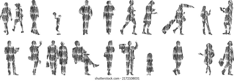 Vector silhouettes, Outline silhouettes of people, Contour drawing, people silhouette, Icon Set Isolated, Silhouette of sitting people, Architectural set	
