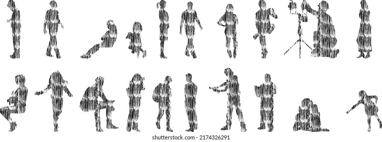 Vector silhouettes, Outline silhouettes of people, Contour drawing, people silhouette, Icon Set Isolated, Silhouette of sitting people, Architectural set	
