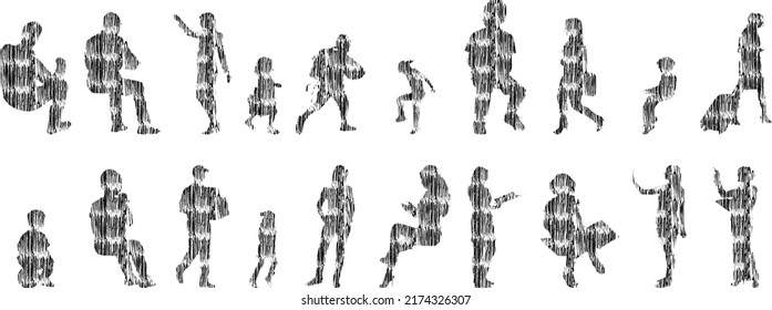 Vector silhouettes, Outline silhouettes of people, Contour drawing, people silhouette, Icon Set Isolated, Silhouette of sitting people, Architectural set	
