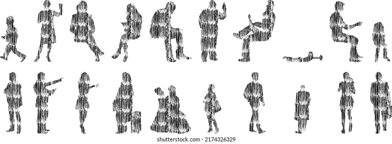 Vector silhouettes, Outline silhouettes of people, Contour drawing, people silhouette, Icon Set Isolated, Silhouette of sitting people, Architectural set	
