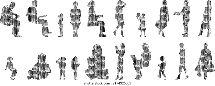 Vector silhouettes, Outline silhouettes of people, Contour drawing, people silhouette, Icon Set Isolated, Silhouette of sitting people, Architectural set	
