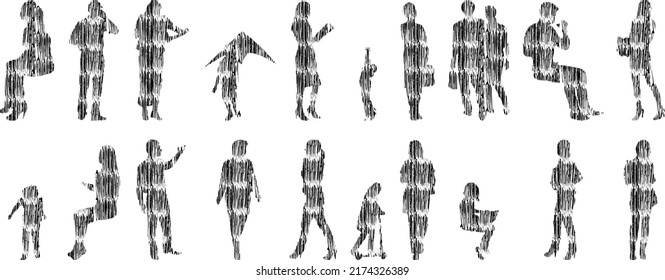 Vector silhouettes, Outline silhouettes of people, Contour drawing, people silhouette, Icon Set Isolated, Silhouette of sitting people, Architectural set	
