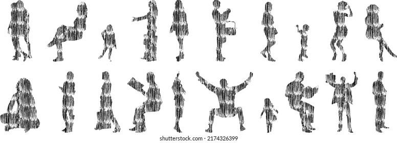Vector silhouettes, Outline silhouettes of people, Contour drawing, people silhouette, Icon Set Isolated, Silhouette of sitting people, Architectural set	
