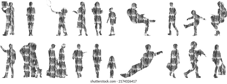 Vector silhouettes, Outline silhouettes of people, Contour drawing, people silhouette, Icon Set Isolated, Silhouette of sitting people, Architectural set	
