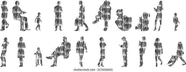 Vector silhouettes, Outline silhouettes of people, Contour drawing, people silhouette, Icon Set Isolated, Silhouette of sitting people, Architectural set	
