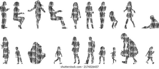 Vector silhouettes, Outline silhouettes of people, Contour drawing, people silhouette, Icon Set Isolated, Silhouette of sitting people, Architectural set	
