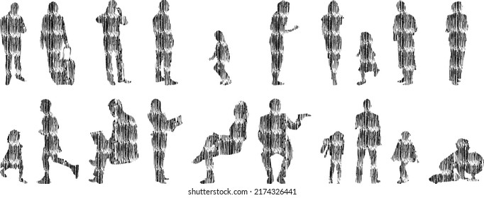 Vector silhouettes, Outline silhouettes of people, Contour drawing, people silhouette, Icon Set Isolated, Silhouette of sitting people, Architectural set	
