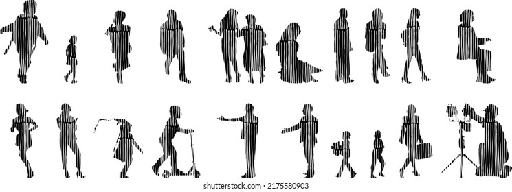 Vector silhouettes, Outline silhouettes of people, Contour drawing, people silhouette, Icon Set Isolated, Silhouette of sitting people, Architectural set	
