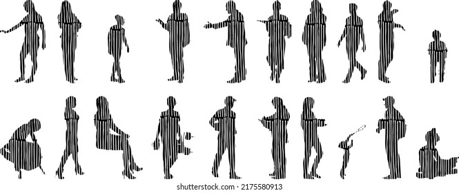 Vector silhouettes, Outline silhouettes of people, Contour drawing, people silhouette, Icon Set Isolated, Silhouette of sitting people, Architectural set	
