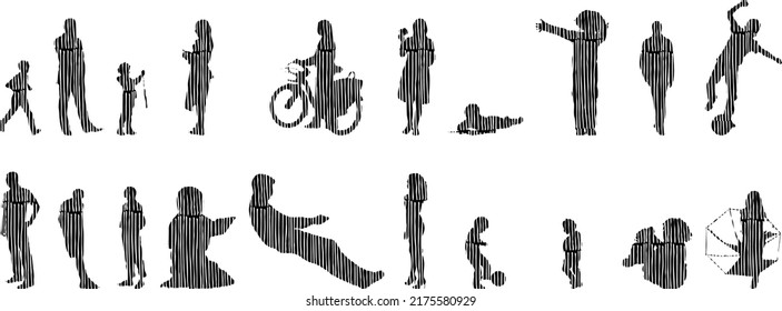 Vector silhouettes, Outline silhouettes of people, Contour drawing, people silhouette, Icon Set Isolated, Silhouette of sitting people, Architectural set	
