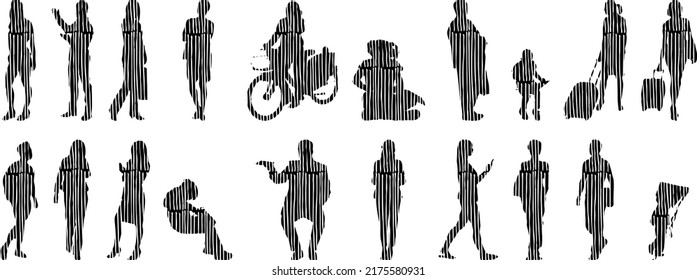 Vector silhouettes, Outline silhouettes of people, Contour drawing, people silhouette, Icon Set Isolated, Silhouette of sitting people, Architectural set	
