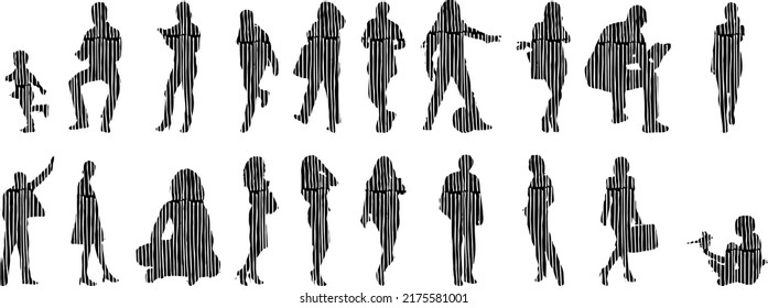 Vector silhouettes, Outline silhouettes of people, Contour drawing, people silhouette, Icon Set Isolated, Silhouette of sitting people, Architectural set	
