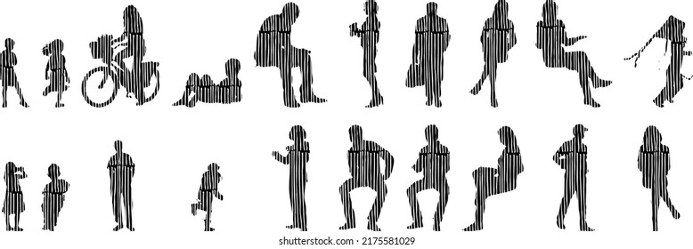Vector silhouettes, Outline silhouettes of people, Contour drawing, people silhouette, Icon Set Isolated, Silhouette of sitting people, Architectural set	

