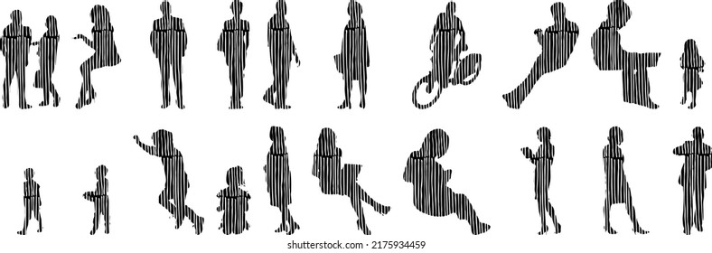 Vector silhouettes, Outline silhouettes of people, Contour drawing, people silhouette, Icon Set Isolated, Silhouette of sitting people, Architectural set	